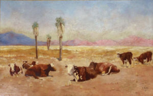 Desert scene with cattle and palm trees
