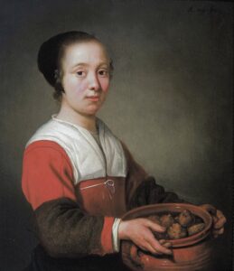 Portrait of a Young maid holding a cooking pot full of dumplings, ca. 1652 