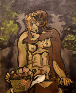 “Desnudo sentado con canasta de manzana”